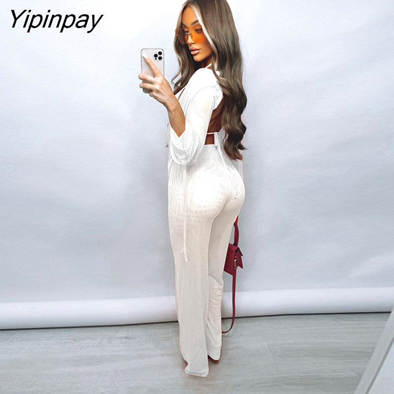 Yipinpay Woman Sexy Strapless Mesh Backless Trousers Suit Lady Perspective Breathable Long Sleeve Lace Up Casual Draped Pants Suit