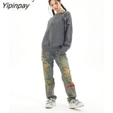 Yipinpay 2023 Winter Streetwear Long Sleeve Sweater Women Metal Buttons Oversize O Neck Ladies Pullover Female Clothing Tops