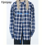 Yipinpay 2023 Autumn Oversize Full Sleeve Plaid Long Shirt Women Streetwear Button Up Letter Print Female Tunic Blouse Clothing