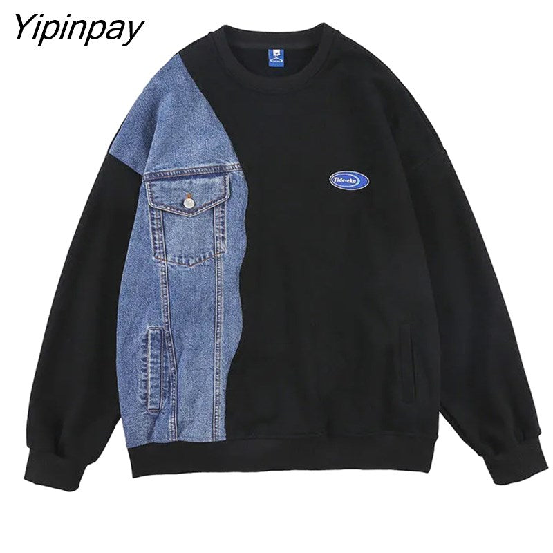 Yipinpay Autumn Streetwear Oversize Full Sleeve Women Pullover Y2K Denim Patchwork Loose Women Hoodies Spring Female Clothing Tops