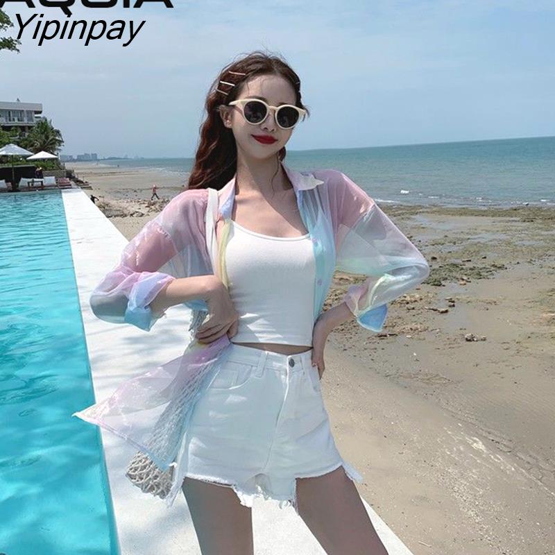 Yipinpay Summer Beach Rainbow women blouses shirts Transparent Loose Ladies Shirt Long Sleeve Turn-Down Collar Female Clothing