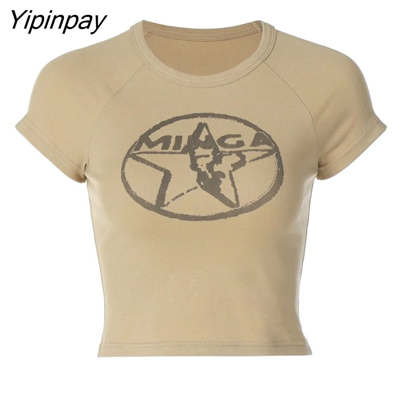 Yipinpay Women T-Shirt Y2k Crop Top Baby Tee Graphic Slim Harajuku Grunge Streetwear Summer Korean Fashion Kpop Vintage Aesthetic Clothes