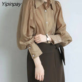 Yipinpay 2023 Autumn Office Lady Long Batwing Sleeve Shirt Women Button Up Folds Loose Blouse Tunic Work Female Clothing Tops