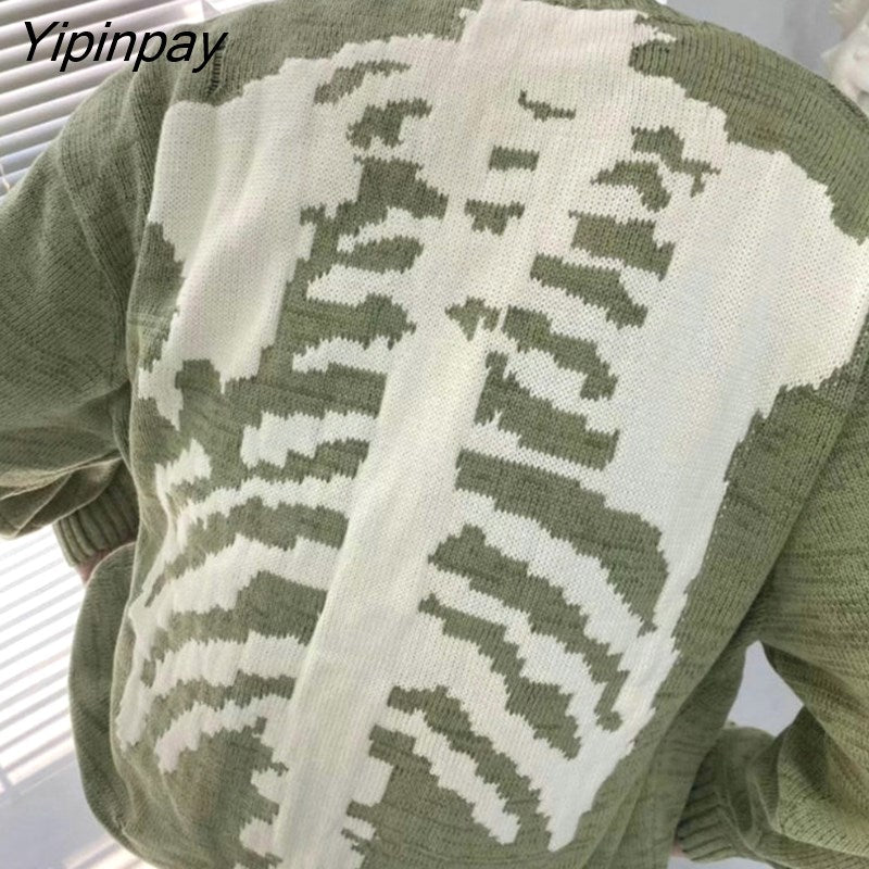Yipinpay Men Sweater Green Loose Skeleton Bone Printing Woman High Quality High Street Damage Hole Vintage 1:1 Knitted Sweater