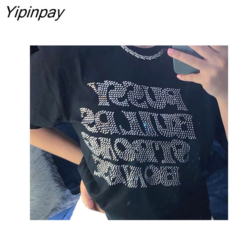 Yipinpay Vintage Oversize Rhinestone Letter Goth Graphic T Shirt Women Y2k Style O-neck Tshirt Black Streetwear Short Sleeve T-shirt
