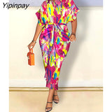 Yipinpay Women's Satin Printed Slim Maxi Dress Summer Casual Button Lace Up Short Sleeve Dress Elegant Fashion Office Lady Dresses