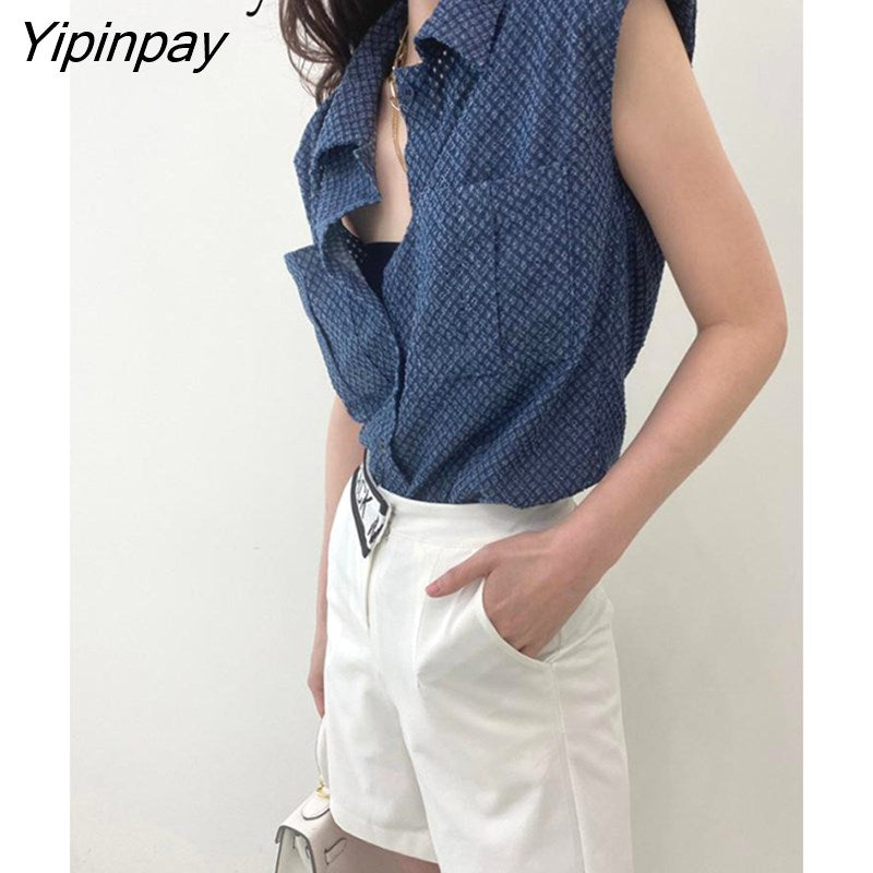 Yipinpay 2023 Summer Hole Denim Sleeveless Shirt Women Street Style Button Up Ladies Tops Casual Female Clothing Blouse