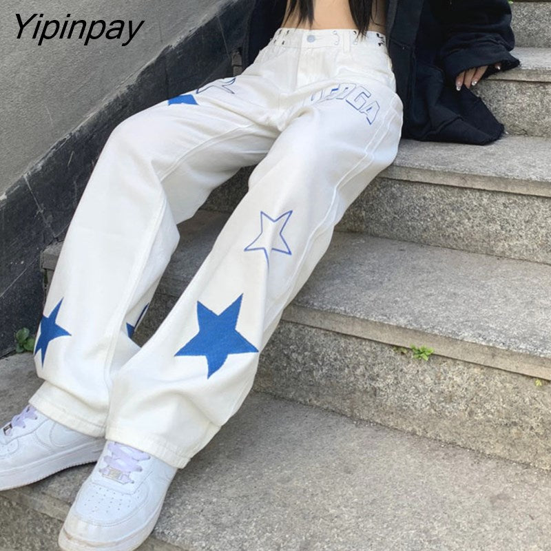 Yipinpay Women's Pants Trousers Oversize Y2k Harajuku Star Print High Waist Streetwear Jeans Korean Fashion Aesthetic Female Clothing