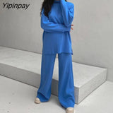 Yipinpay Knitted Two Piece Set Baggy Turtleneck Sweater Tops And Pants Women High Waist Autumn Winter Knitwear Loose Sweaters Sets