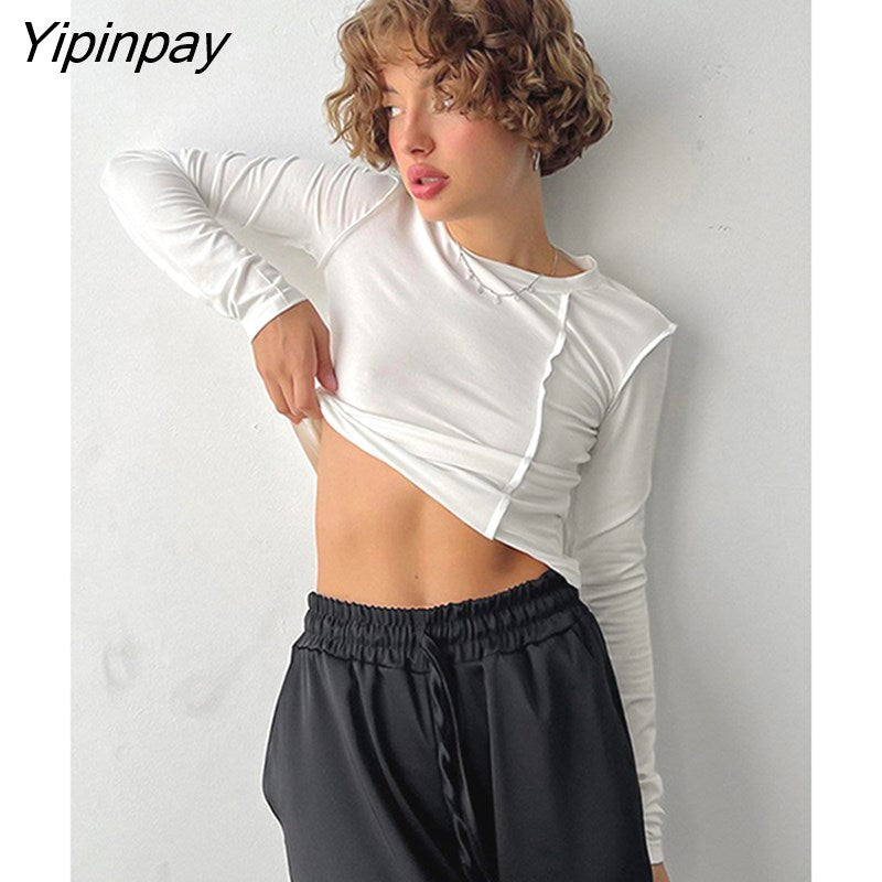 Yipinpay Solid Stripe Slim Basic Shirt Casual Women O Neck Long Sleeve Bottom Tees Spring Female Chic Street Skinny Blouse 2023