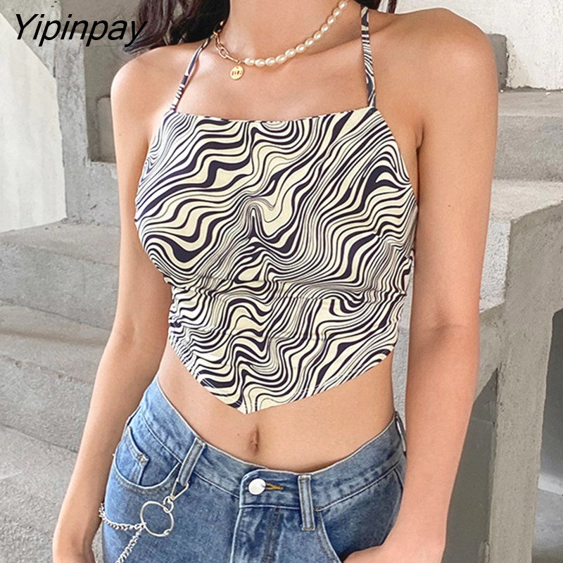 Yipinpay Dye Print Y2K Crop Top Women 2023 Sexy Backless Summer Bandage Sleeveless Halter Neck Vintage Tank Tops Fashion