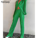 Yipinpay Piece Pleated Shirt Set Sexy Blouse Tops And Wide Leg Pants Women High Waist 2023 Autumn Long Sleeve Loose Outfits Pant Sets