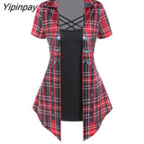 Yipinpay Fashion Croset Style Off The Shoulder Corset Waist Plaid Women Top Fashion Hide Tummy Short Sleeve Tee For Summer