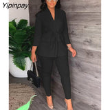 Yipinpay Women Casual Drawstring Blazer Two Piece Suit Female V Neck Lace Up Coat Pencil Pants Two Piece Set 2023 Elegant Office Outfits