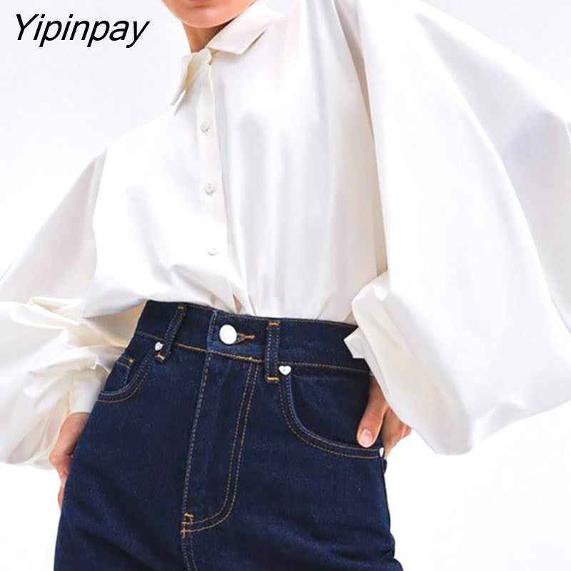 Yipinpay 2023 Spring Vintage Lantern Long Sleeve Women White Shirt Office Lady Button Up Solid Woman Tunic Blouse Female Clothing