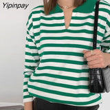 Yipinpay Striped Knit Sweater Women Pullover Tops Long Sleeve Turndown Collar Jumper Autumn Winter Streetwear Baggy Sweaters