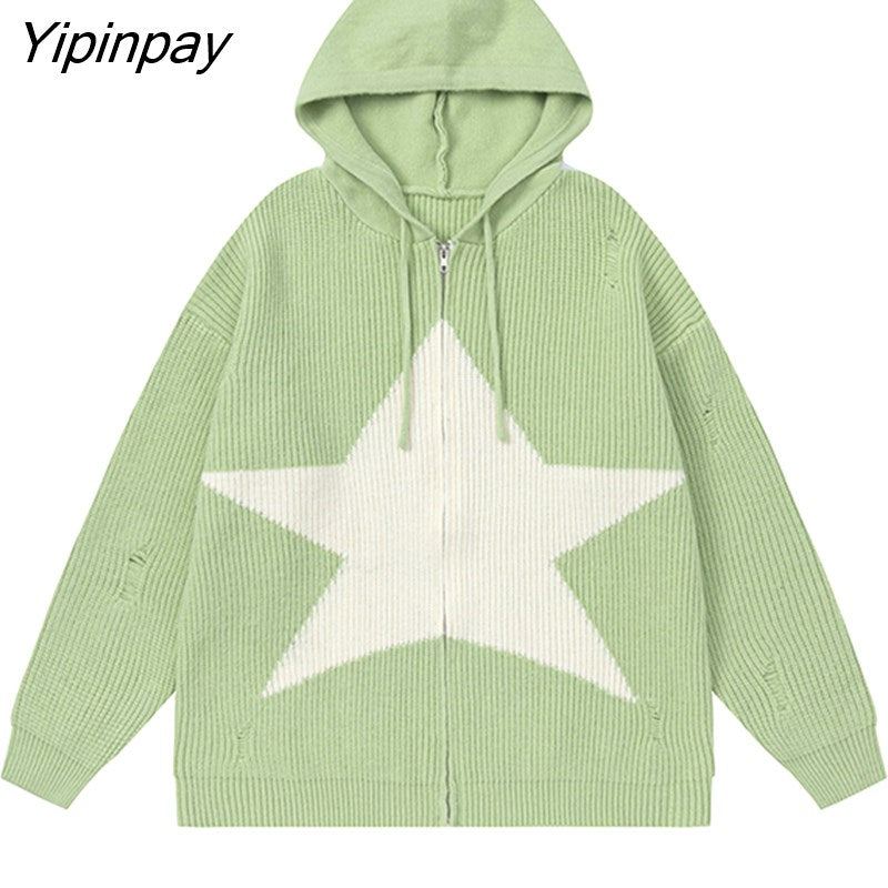 Yipinpay Women's Sweater Hoodies Cardigans Star Knit Long Sleeve Top Oversized Winter Coats Korean Fashion Jumper Y2k Streetwear Clothes