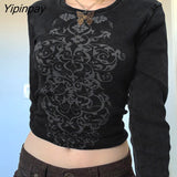 Yipinpay Grunge Crop top T-shirts Graphic Print Y2K Long Sleeves Slim Tops Tee Casual Crewneck Fashion Harajuku Cloth