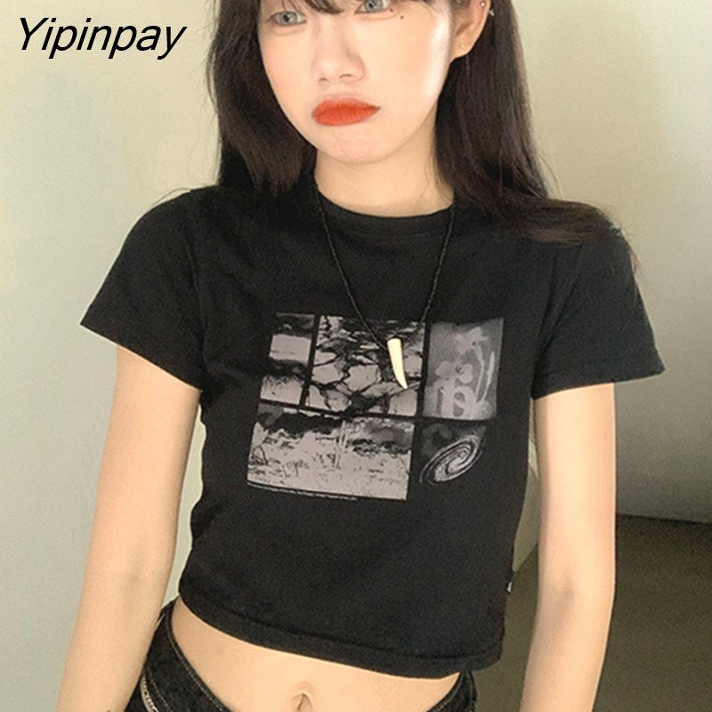Yipinpay Women Tshirt Crop Top Y2K Summer Cotton Punk Print Korean Fashion Short Sleeve Graphic Aesthetic Harajuku Grunge Gothic Clothes