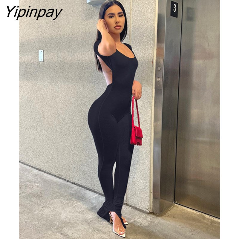 Yipinpay Sexy Women Solid Backless Jumpsuits Summer Fashion Short Sleeve Long Flare Pants Rompers Female Slim One Piece Slit Pants