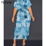 Yipinpay Women's Satin Printed Slim Maxi Dress Summer Casual Button Lace Up Short Sleeve Dress Elegant Fashion Office Lady Dresses