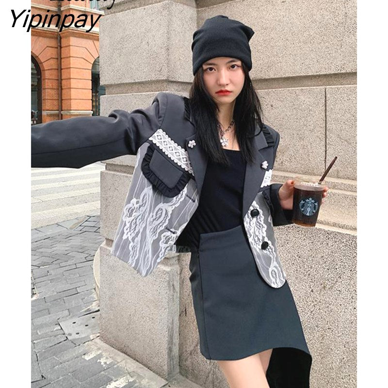 Yipinpay 2023 Autum Floral Lace Full Sleeve Women Short Blazer jacket Korean style Patchwork Suit Blazer Work Female Clothing Coat