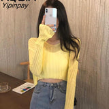 Yipinpay Spring Sexy Solid Color thin Women Sweater Long Sleeve Loose Transparent Short Womens Sweaters INS V Neck Female Pullovers