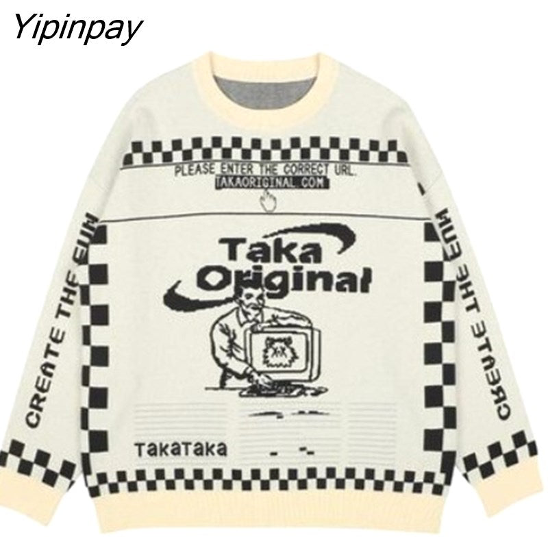 Yipinpay Men's Oversized Pattern Sweater Fashion Loose Trend American Retro Round Neck 2023 Winter Jacquard Knit Sweater Women's Sweater