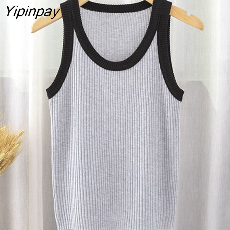 Yipinpay Knit Short Vest Women Bodycon Crop Top Summer New Color Block Ribbed Tank Black White Basic Knitting Tees Sexy Tops