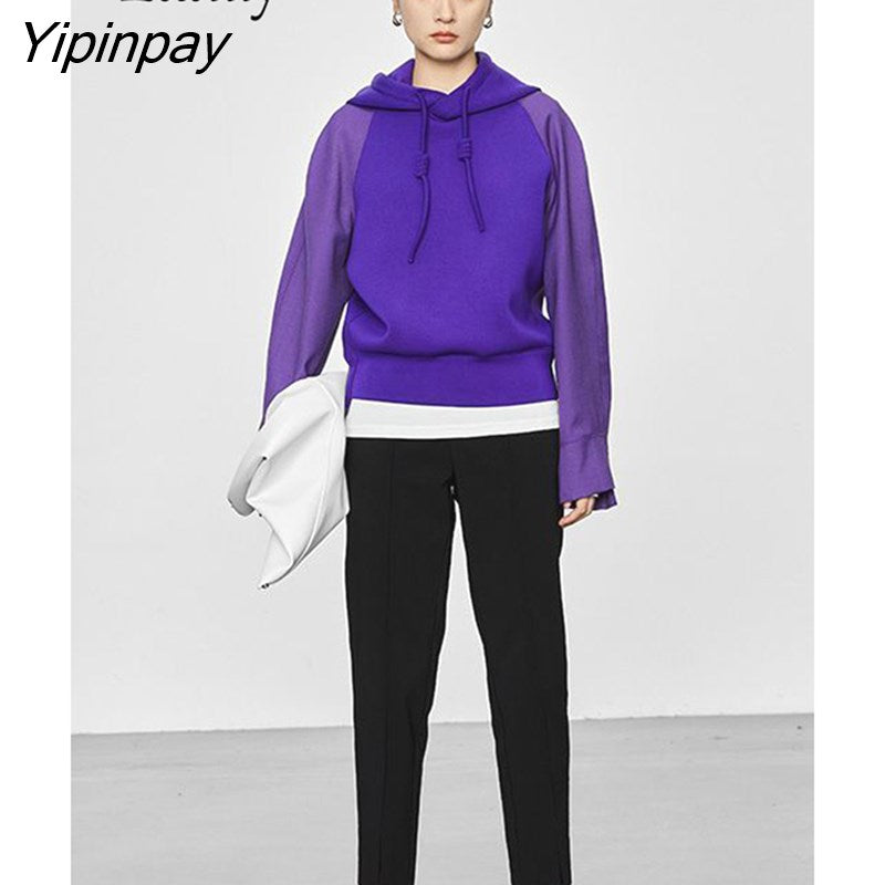 Yipinpay 2023 Winter Korean Style Patchwork Women Hoodies Minimalist O Neck Long Sleeve Ladies Sweatshirt Autumn Female Clothing