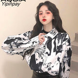 Yipinpay Street Style Long Sleeve Chiffon Oversize Women Shirts Abstract Print Button Ladies Blouses 2023 Summer Female Shirts Top