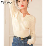 Yipinpay 2023 Winter Korean Style Long Sleeve V Neck Sweater Women Minimalist Slim Crop Tops Ladies Knit Pullovers Female Clothing