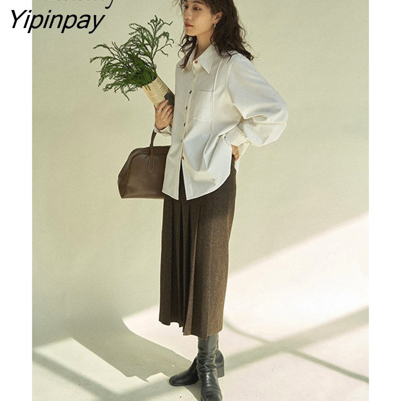 Yipinpay 2023 Autumn Office Lady Patchwork White Shirt Women Korean Style Long Sleeve Loose Tunic Blouse Work Female Clothing Tops