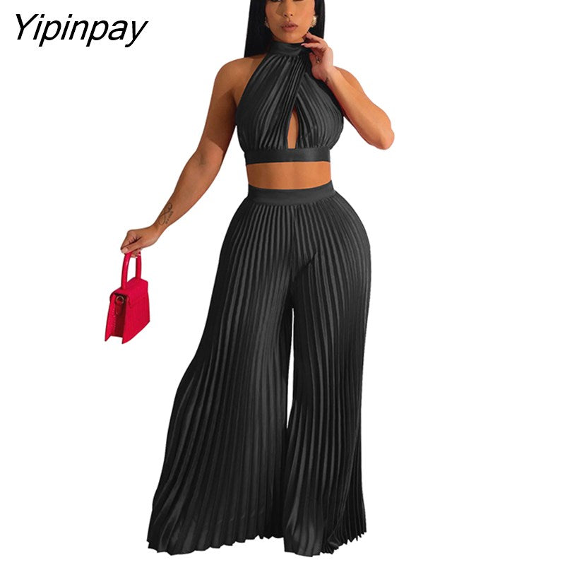 Yipinpay Women Casual Solid Pleated 2 Piece Set Sexy Halter Bra And Wide Leg Pants Suits 2023 Spring Cropped Lace Up Vest Trousers Outfit