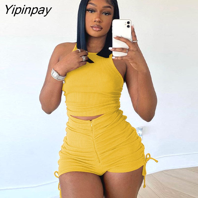 Yipinpay Women Crop Top And Drawstring Zipper Rib Shorts 2 Piece Sets Summer Casual Sport Outfits2023 Sexy Sleeveless Blouses Suits