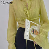 Yipinpay 2023 Spring Sexy Ruffled Flare Long Sleeve Women Blouse Korea Style Vintage Transparent Short Chiffon Shirt Ladies Tops