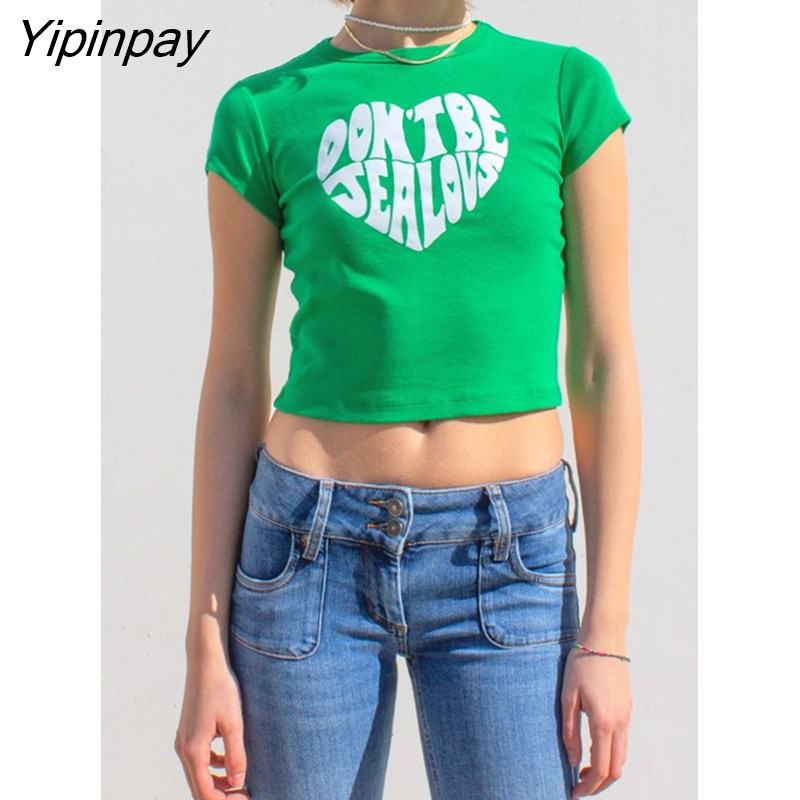 Yipinpay Women T-shirt Goth 90s Short Sleeve Top Tee Female Kawaii y2k fairy grunge crop top Harajuku E-girl Graphics Print Green