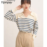 Yipinpay 2023 Winter Vintage New In Long Sleeve Stirped Sweaters Women Korea Style Turn Down Collar Knit Pullovers Female Tops