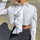 Yipinpay 2023 Spring Elegant Long Sleeve Women Whiter Shirt England Style Y2K Ruffles Button Up Woman Crop Tops Blouse Clothing