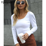 Yipinpay Sexy Short T Shirt Knit Tight Tops For Women Spring 2023 Long Sleeve O Neck Streetwear Bodycon T Shirts Knitted Crop Tops