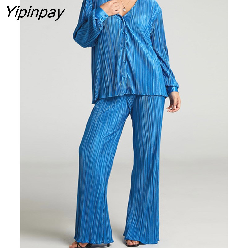 Yipinpay Shirt Suits Pleated Notched Single-Breasted Female Cardigan Two-Piece Loose Shirts and High-Waist Wide-Leg Pants Sets