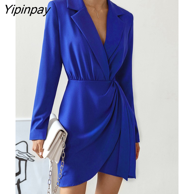 Yipinpay 2023 Spring New Office Lady Long Sleeve Women A-Line Dress French Style Solid Slim Waist Folds Notched Neck Woman Dresses