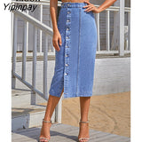 Yipinpay Button Up High Waist Skinny Slit Jean Skirt Pencil Office Lady Single Breasted Knee Length Sexy Bodycon Denim Midi Skirts