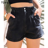 Yipinpay Cotton Button Elastic Waist Stretch Denim Shorts Woman High Waist Bottoms With Pockets Trendy High-Waisted Denim Shorts