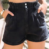 Yipinpay Cotton Button Elastic Waist Stretch Denim Shorts Woman High Waist Bottoms With Pockets Trendy High-Waisted Denim Shorts