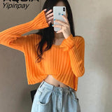 Yipinpay Spring Sexy Solid Color thin Women Sweater Long Sleeve Loose Transparent Short Womens Sweaters INS V Neck Female Pullovers