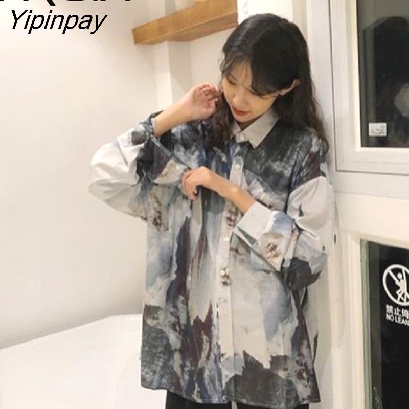 Yipinpay Casual Abstract ink printing Long Sleeve Women Blouse Tunic Shirt Turn-Down Collar Loose 2023 Spring Oversize Ladies Tops