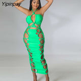 Yipinpay Solid Roped Sleeveless Hollow Lace Up Dress Women Pleated Halter Skinny Skirts Female Summer Backless Bodycon Smocked Skirt