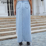 Yipinpay Ripped Tassel Long Denim Skirt For Women 2023 High Waisted With Pockets Washed Streetwear Asymmetric Sexy Hole Maxi Skirts