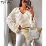 Yipinpay Women Ripped Knit Baggy Sweater Pullovers Long Sleeve Tops Female Jumper V Neck Autumn Winter Streetwear Knitted Sweaters